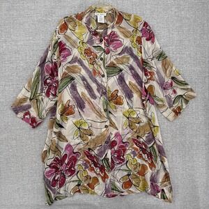 Ulla Popken Shirt Womens 16/18‎ Multicolor Floral Print Rayon Button Front Tunic